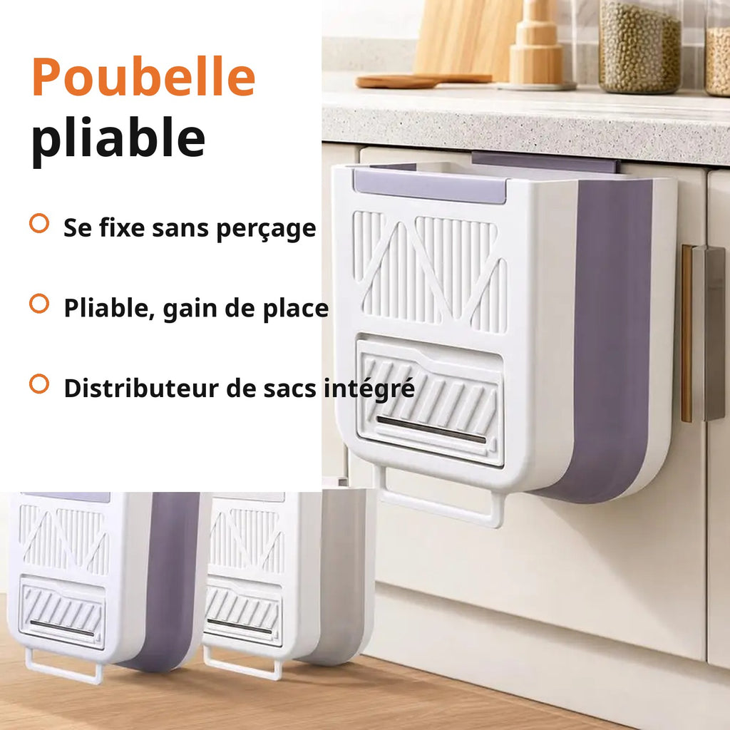 Poubelle de cuisine pliable à suspendre – distributeur de sacs intégré
