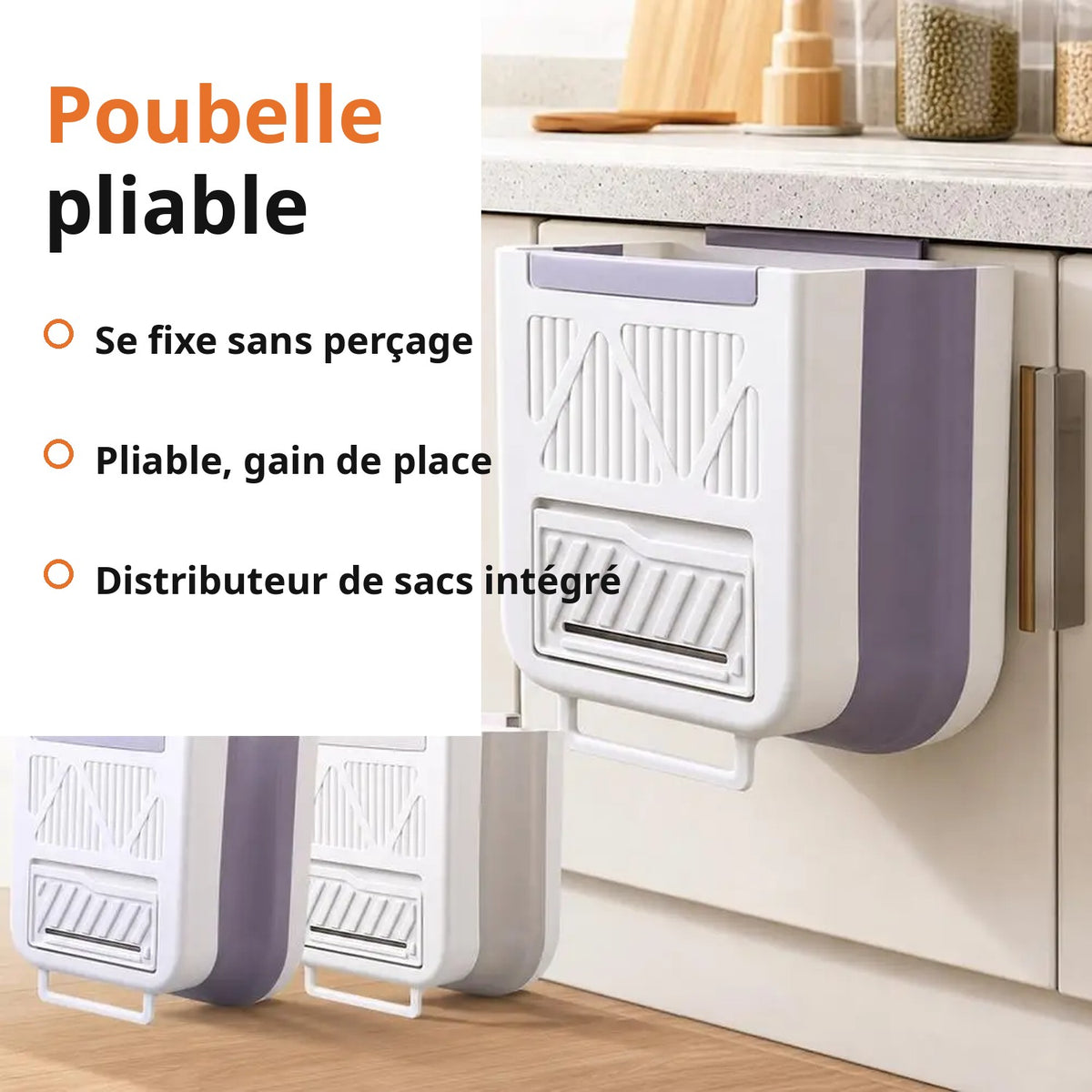 Poubelle de cuisine pliable à suspendre – distributeur de sacs intégré