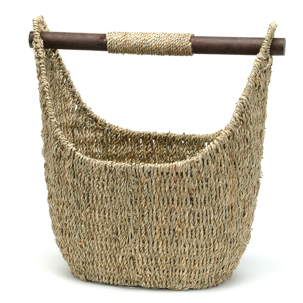 Grand panier gondole en jonc de mer avec poignée en bois
