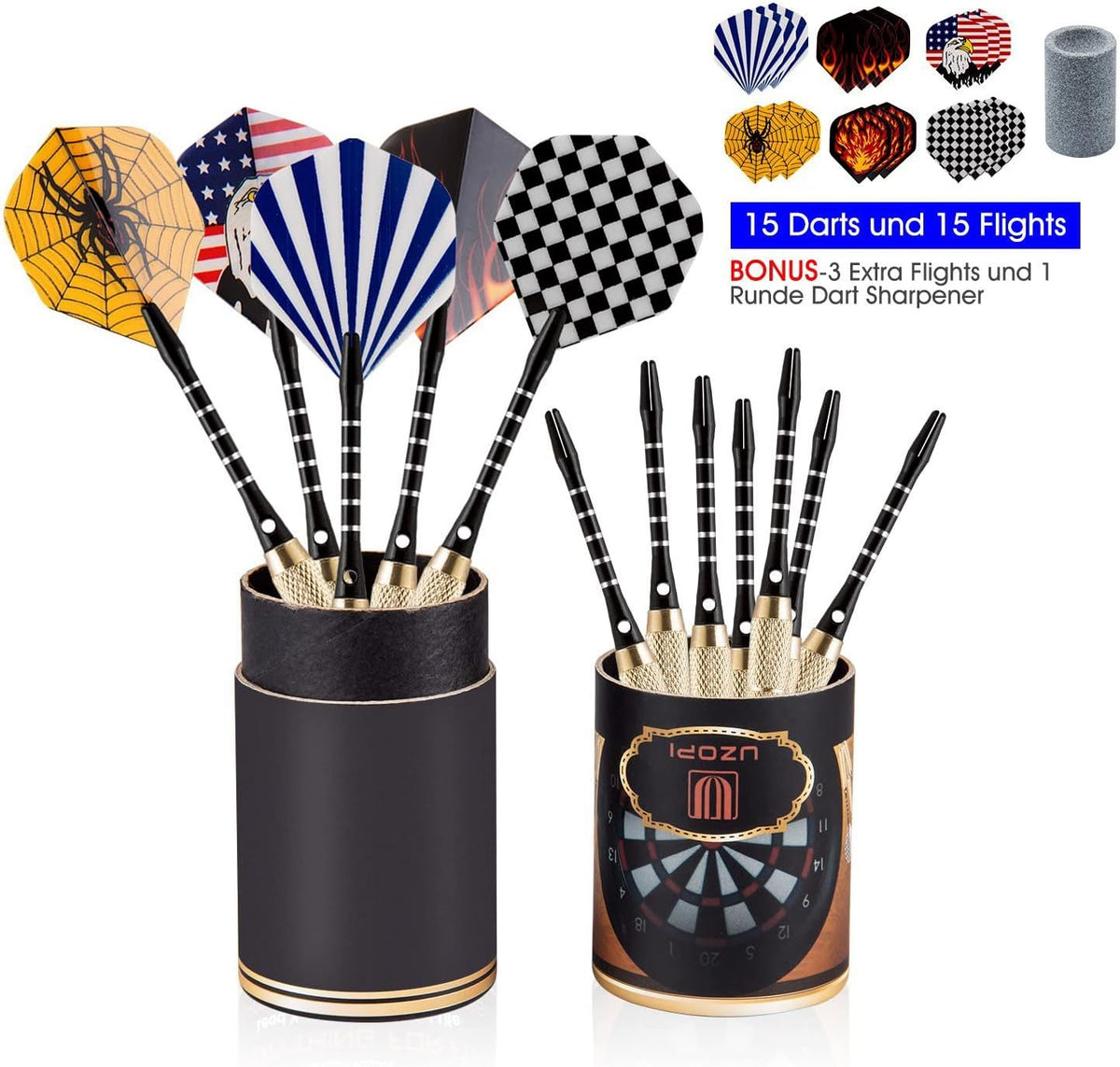 Set de 15 fléchettes pointe acier avec aiguiseur