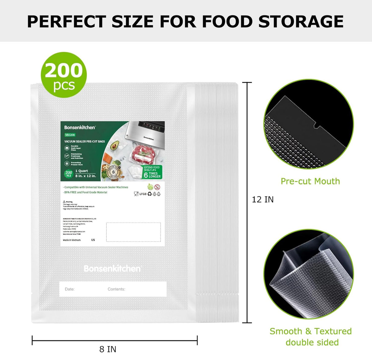 Sacs sous vide alimentaire 8x12 po, 200 pièces, sans BPA