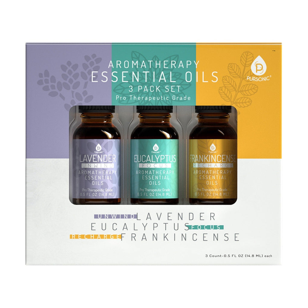 Ensemble de 3 huiles essentielles d'aromathérapie (lavande, eucalyptus, encens)