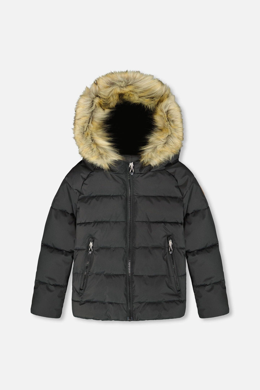 Manteau d'hiver matelassé noir avec capuchon à fourrure synthétique
