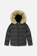 Manteau d'hiver matelassé noir avec capuchon à fourrure synthétique