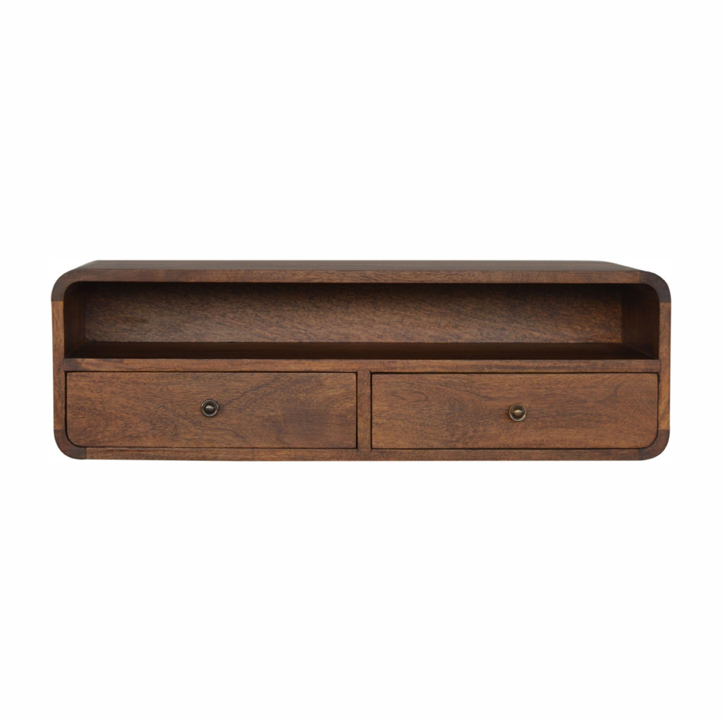 Console murale flottante châtaigne en bois de manguier massif, 2 tiroirs + 1 étagère