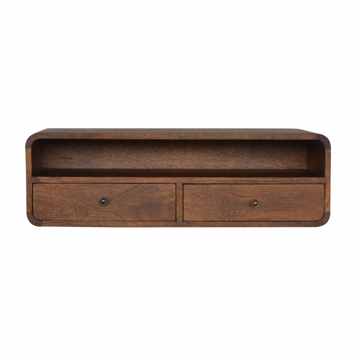 Console murale flottante châtaigne en bois de manguier massif, 2 tiroirs + 1 étagère
