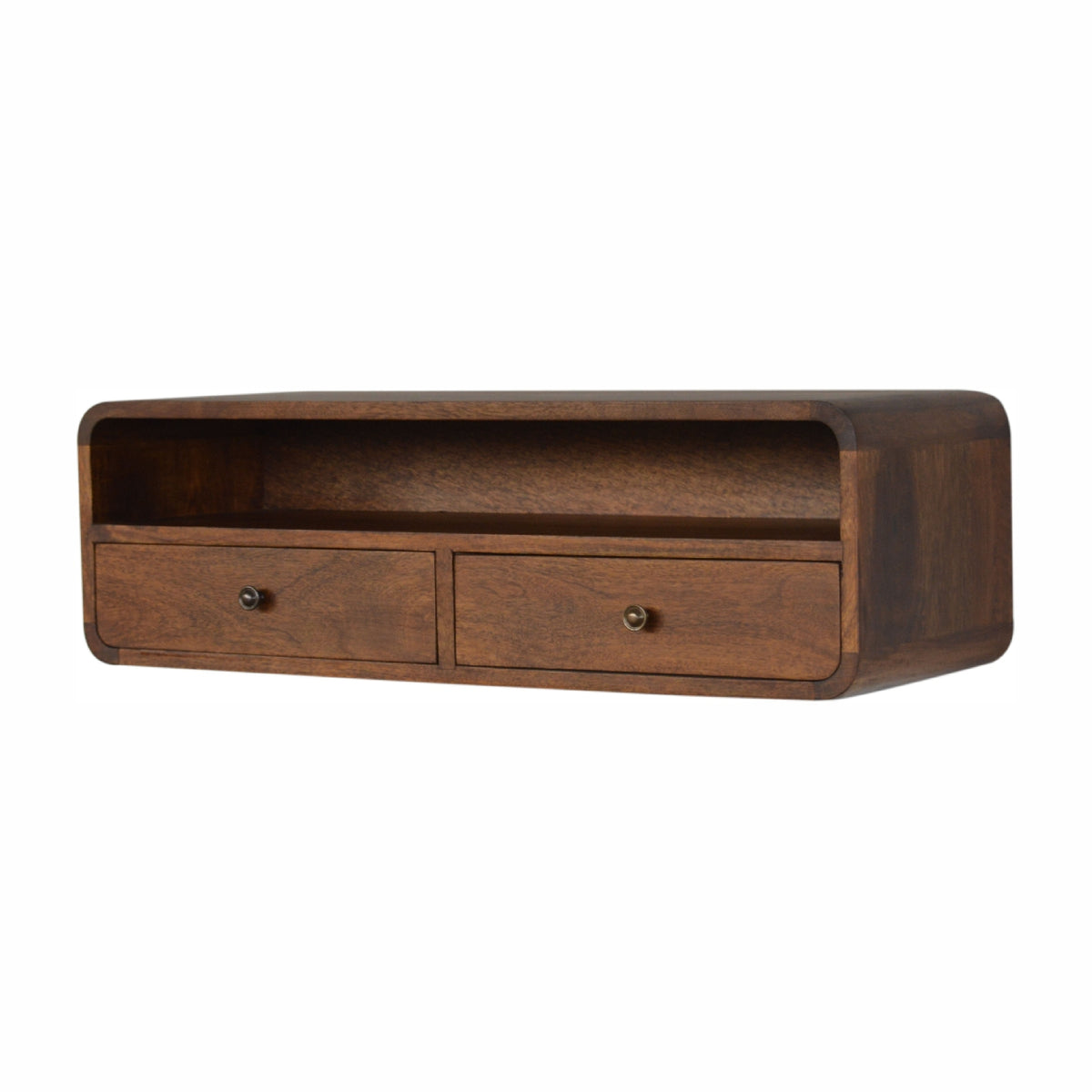 Console murale flottante châtaigne en bois de manguier massif, 2 tiroirs + 1 étagère