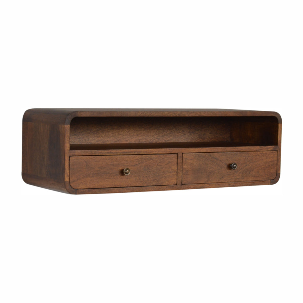 Console murale flottante châtaigne en bois de manguier massif, 2 tiroirs + 1 étagère