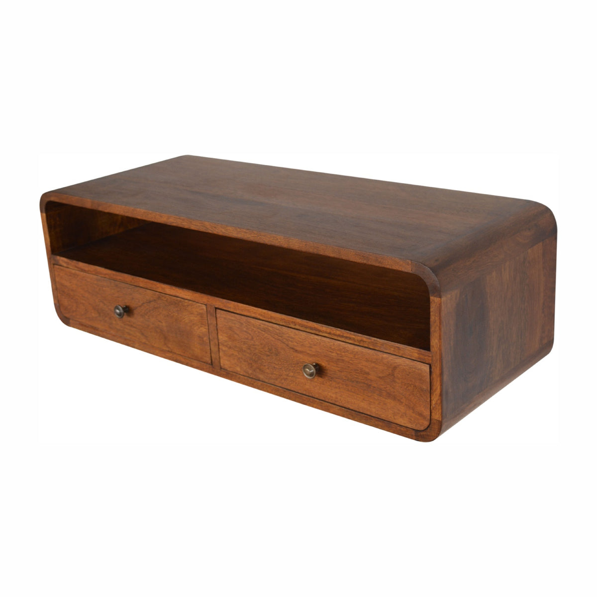 Console murale flottante châtaigne en bois de manguier massif, 2 tiroirs + 1 étagère