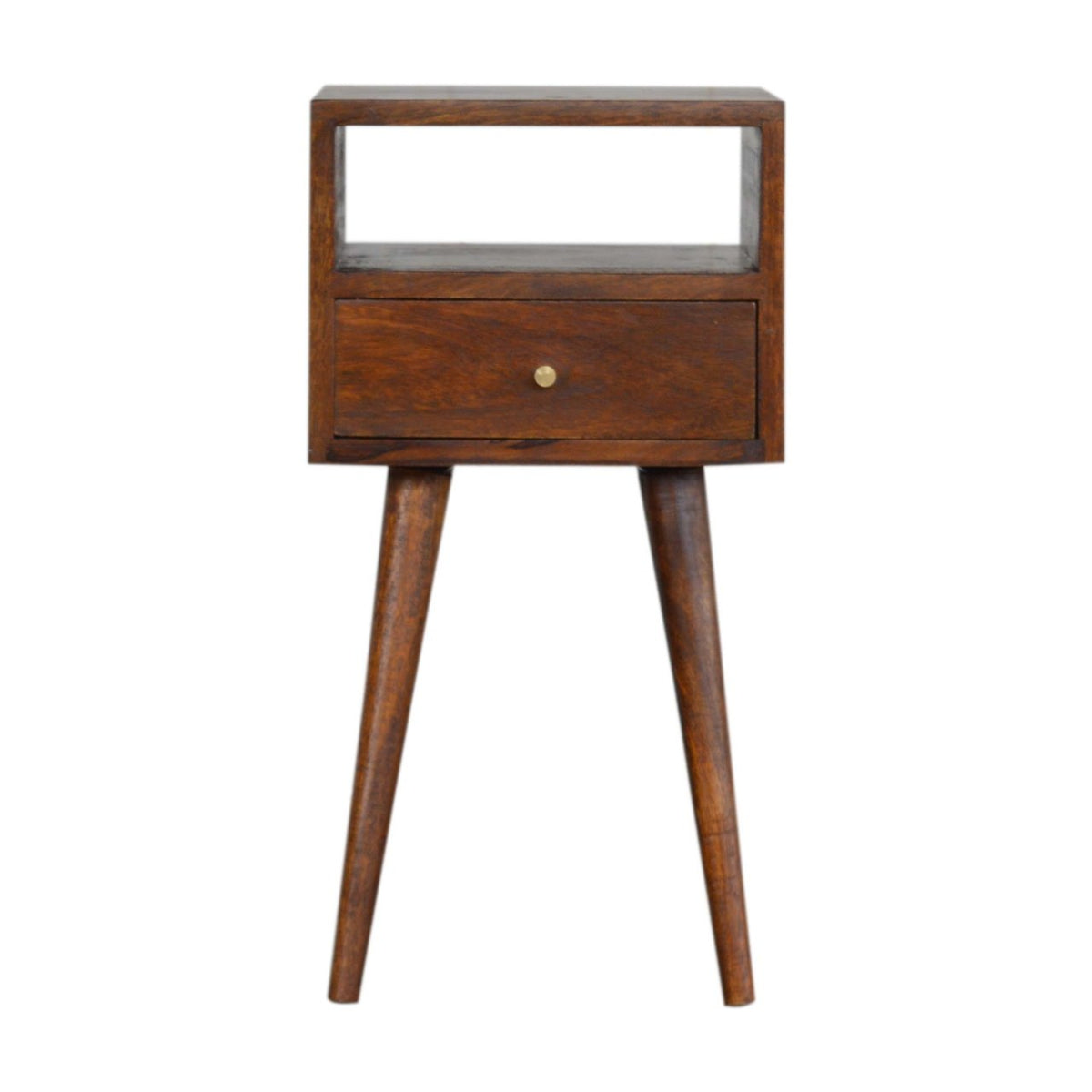 Mini table de chevet châtaigne en bois de manguier massif, 1 tiroir et 1 tablette