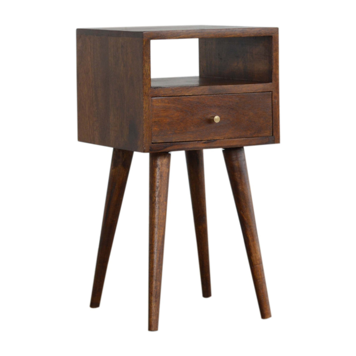 Mini table de chevet châtaigne en bois de manguier massif, 1 tiroir et 1 tablette