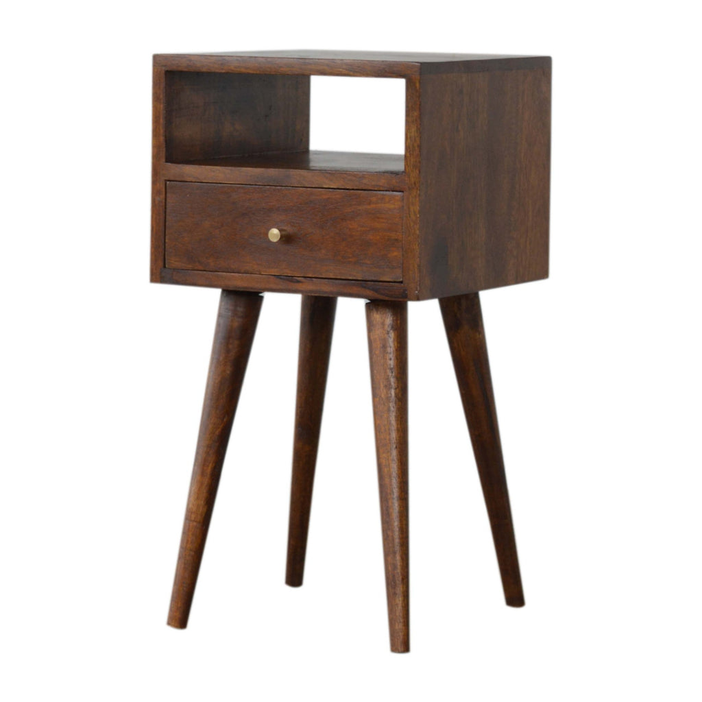 Mini table de chevet châtaigne en bois de manguier massif, 1 tiroir et 1 tablette