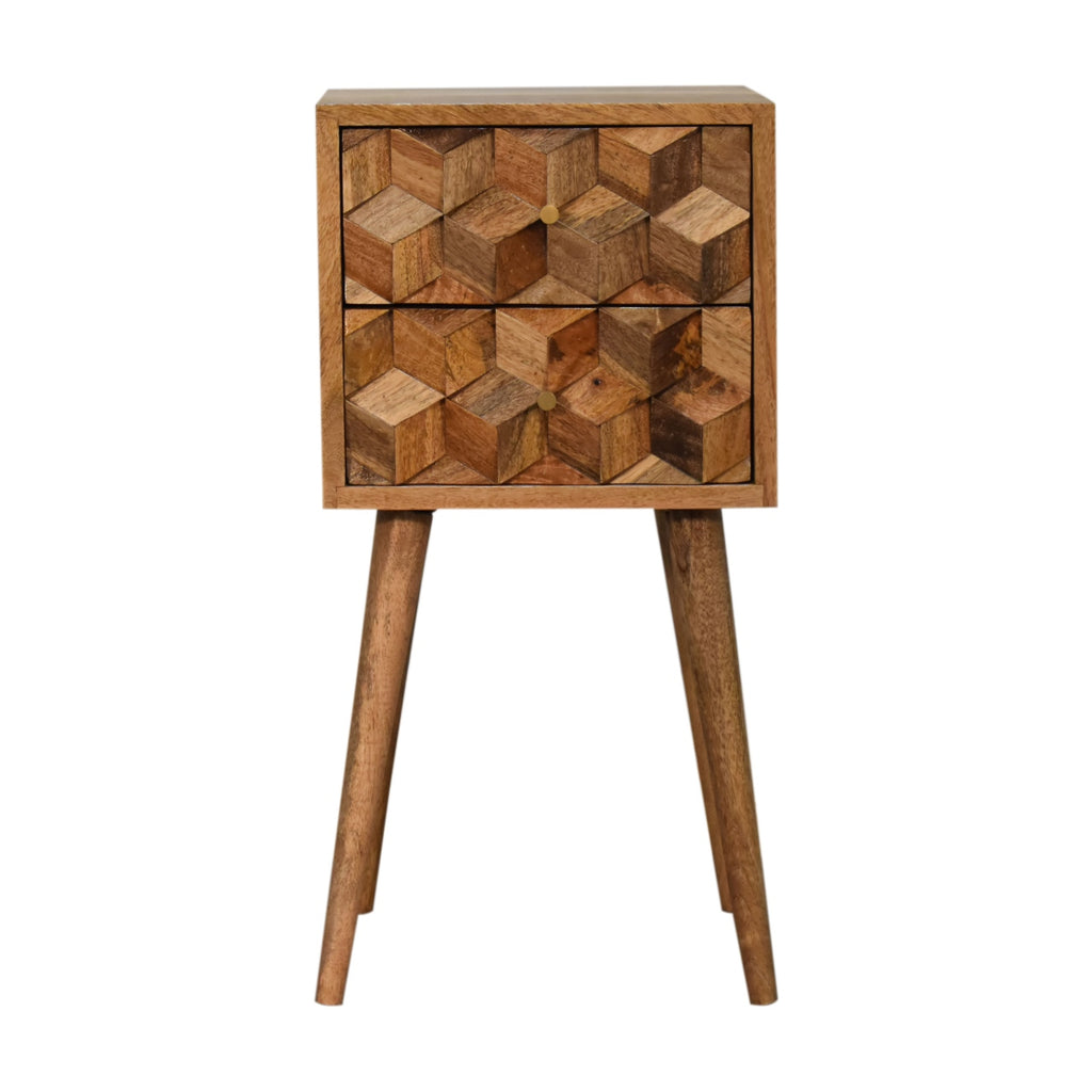 Mini table de chevet Cube sculptée chêne en bois de manguier massif, 2 tiroirs