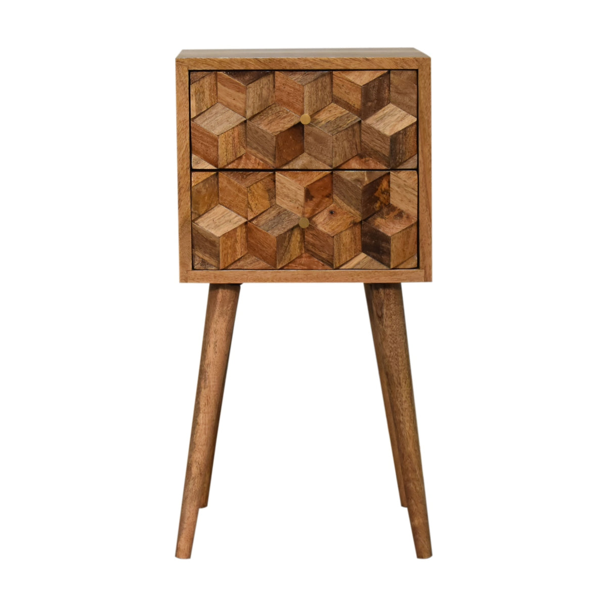 Mini table de chevet Cube sculptée chêne en bois de manguier massif, 2 tiroirs