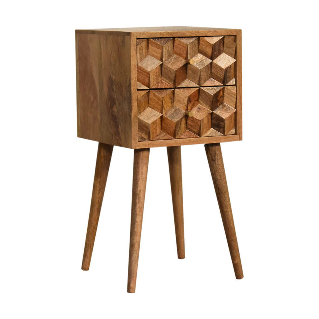 Mini table de chevet Cube sculptée chêne en bois de manguier massif, 2 tiroirs