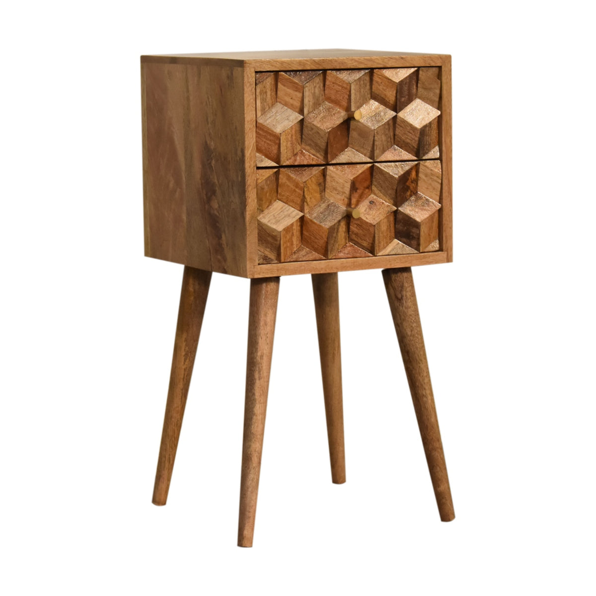 Mini table de chevet Cube sculptée chêne en bois de manguier massif, 2 tiroirs