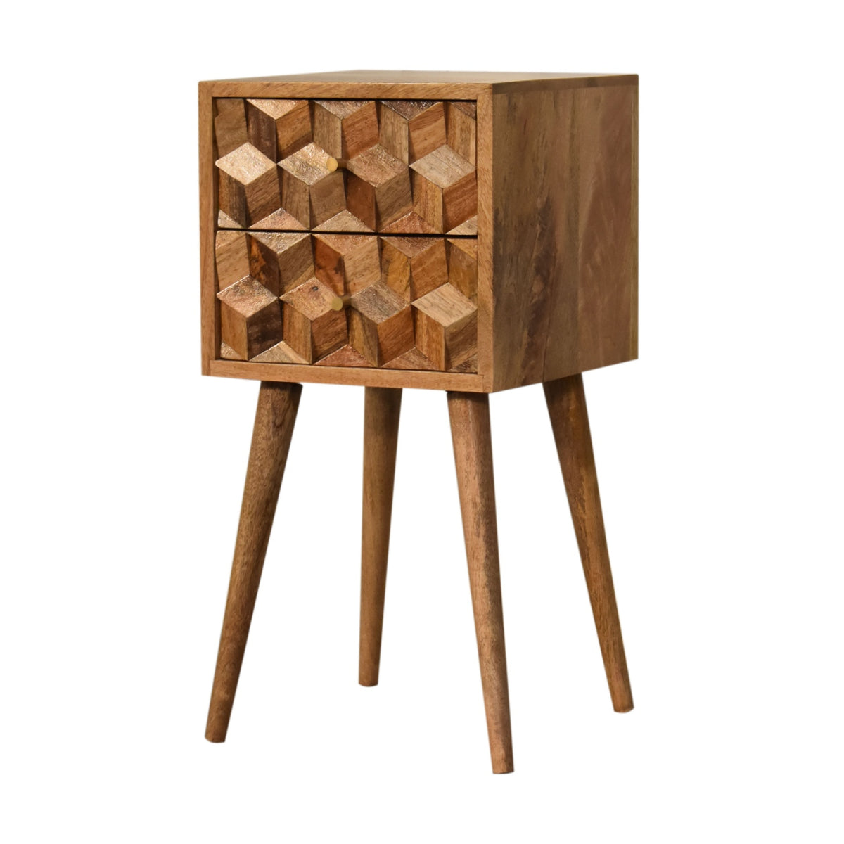 Mini table de chevet Cube sculptée chêne en bois de manguier massif, 2 tiroirs