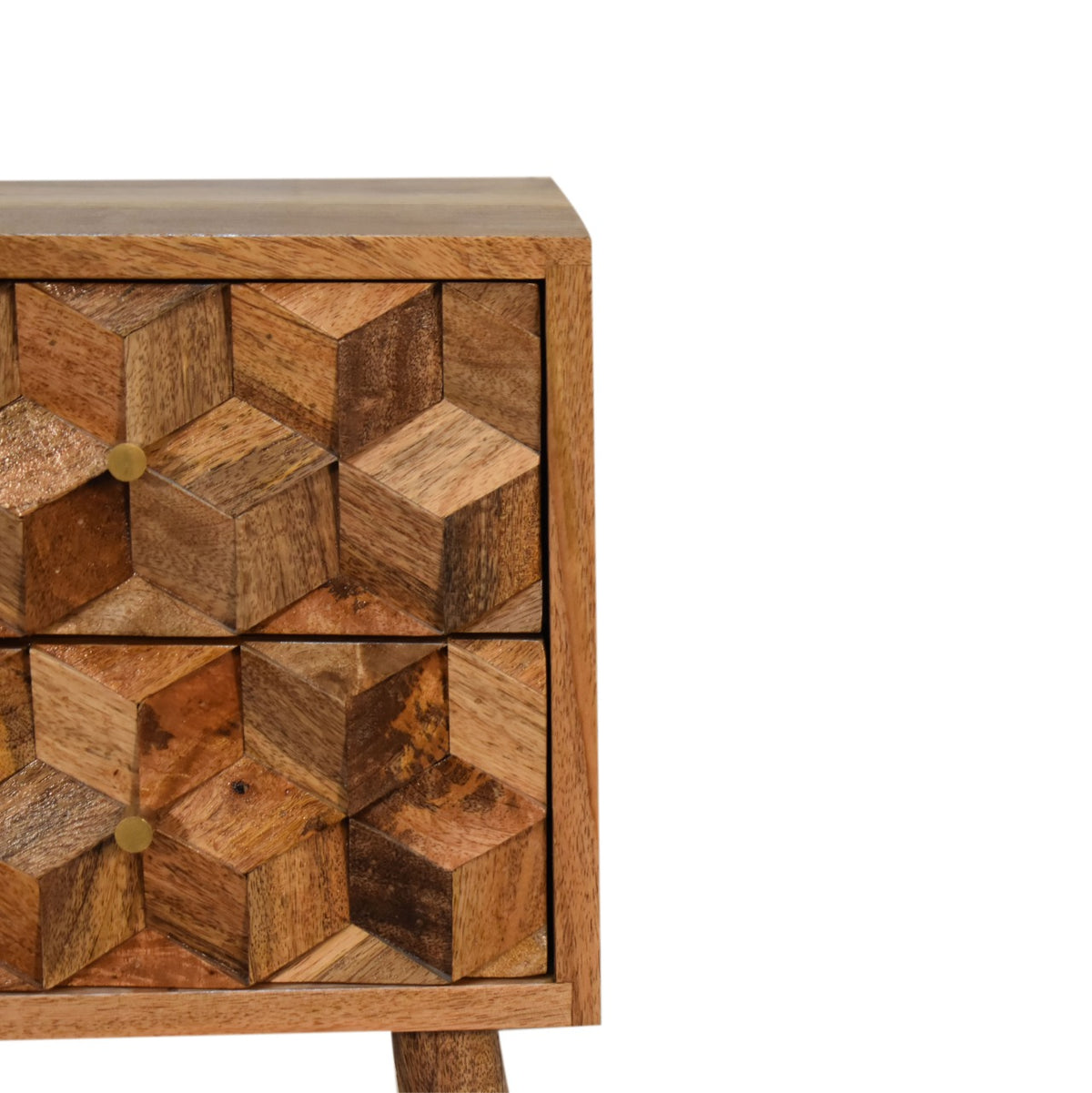 Mini table de chevet Cube sculptée chêne en bois de manguier massif, 2 tiroirs