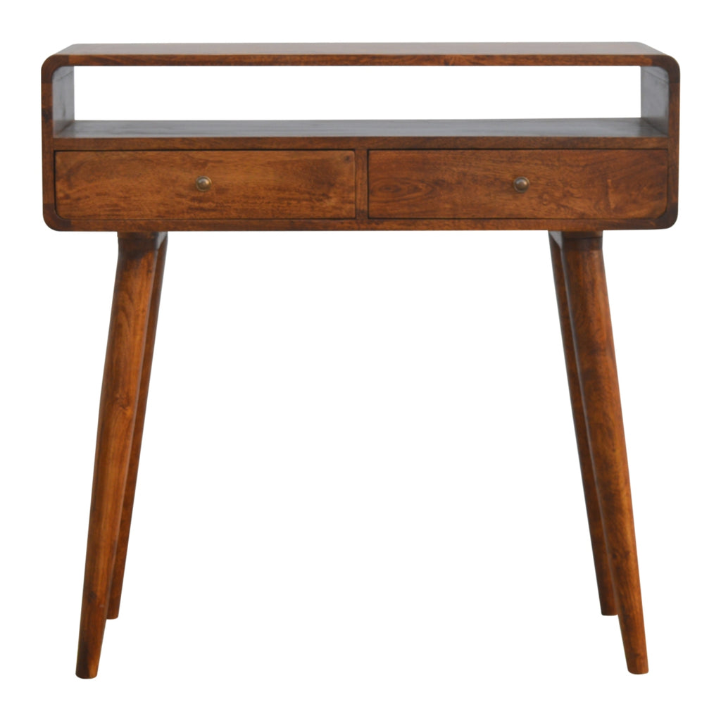 Console courbée châtaigne en bois de manguier massif, 2 tiroirs + 1 casier ouvert