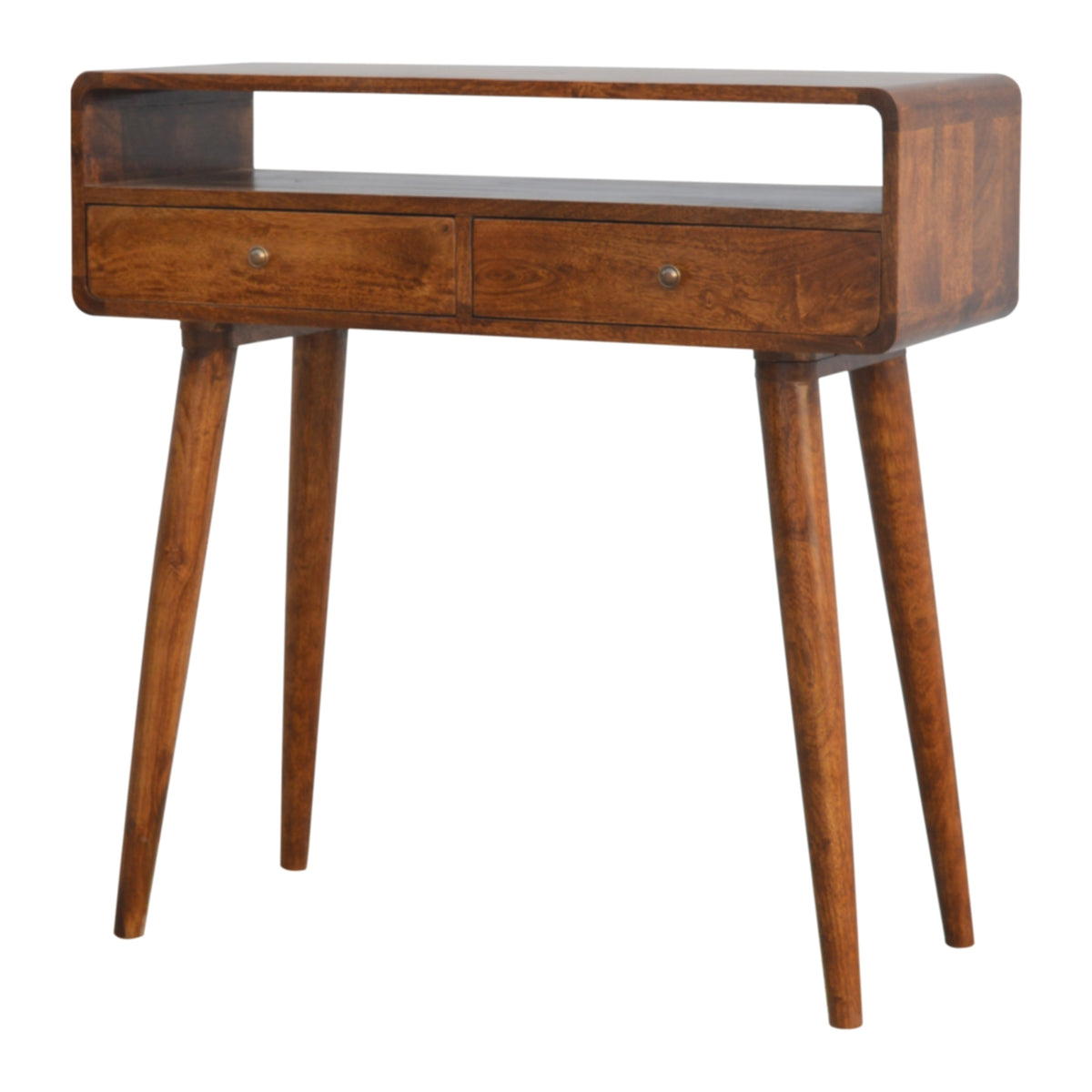 Console courbée châtaigne en bois de manguier massif, 2 tiroirs + 1 casier ouvert