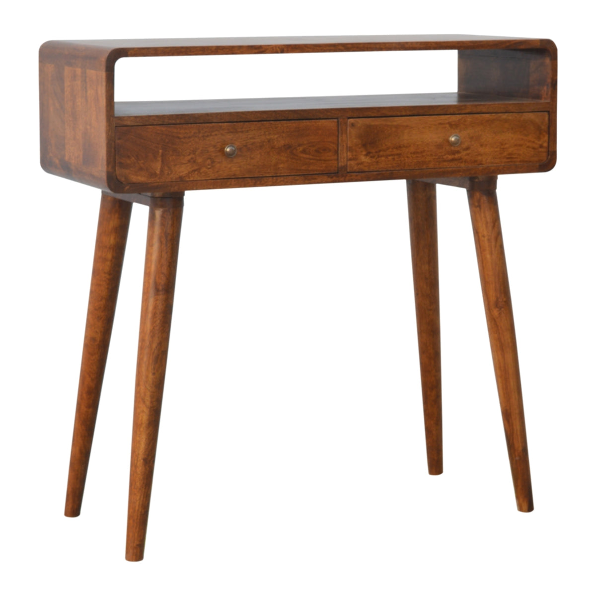 Console courbée châtaigne en bois de manguier massif, 2 tiroirs + 1 casier ouvert