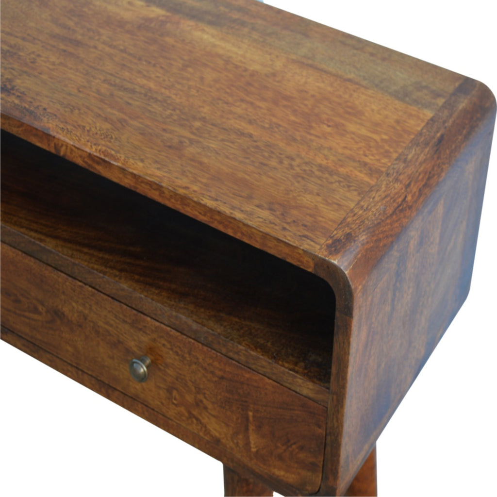 Console courbée châtaigne en bois de manguier massif, 2 tiroirs + 1 casier ouvert
