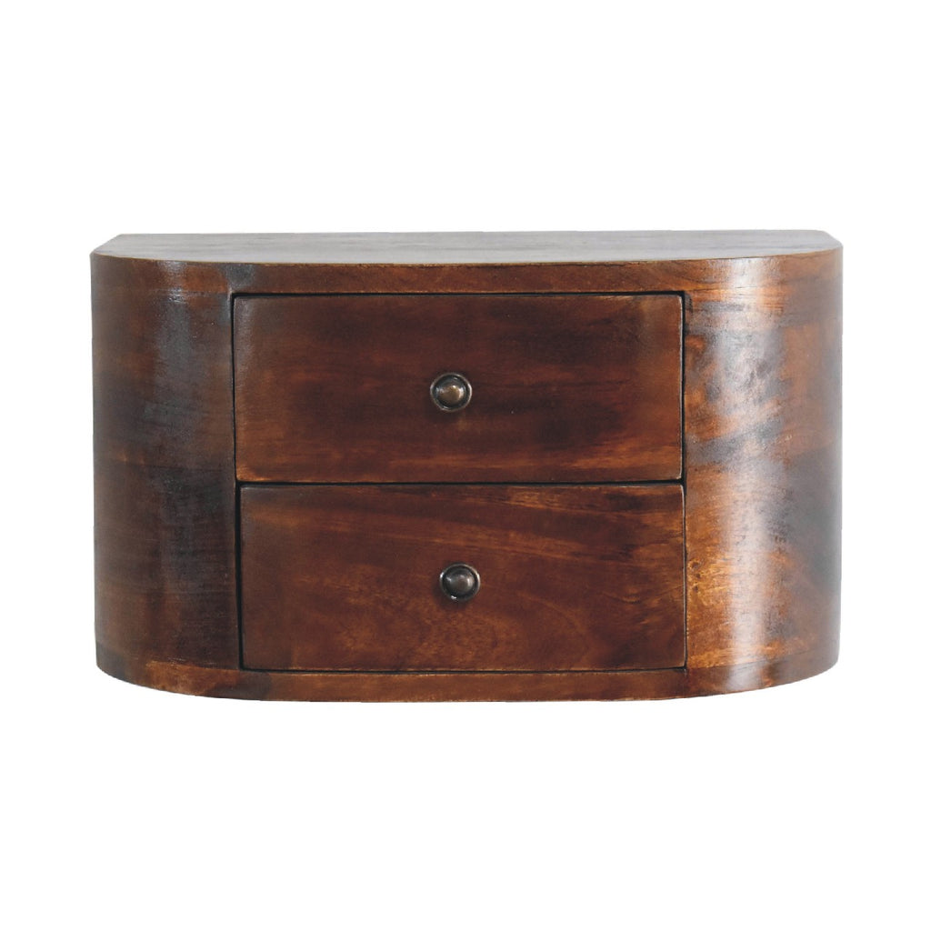 Table de chevet murale flottante Lunar châtaigne en bois de manguier massif, 2 tiroirs