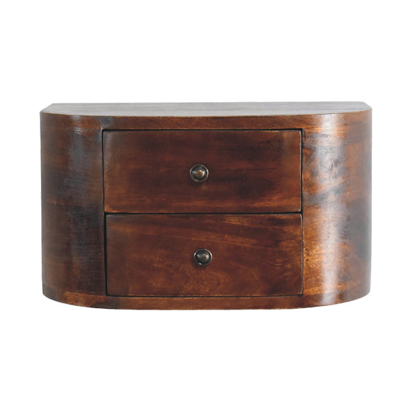 Table de chevet murale flottante Lunar châtaigne en bois de manguier massif, 2 tiroirs