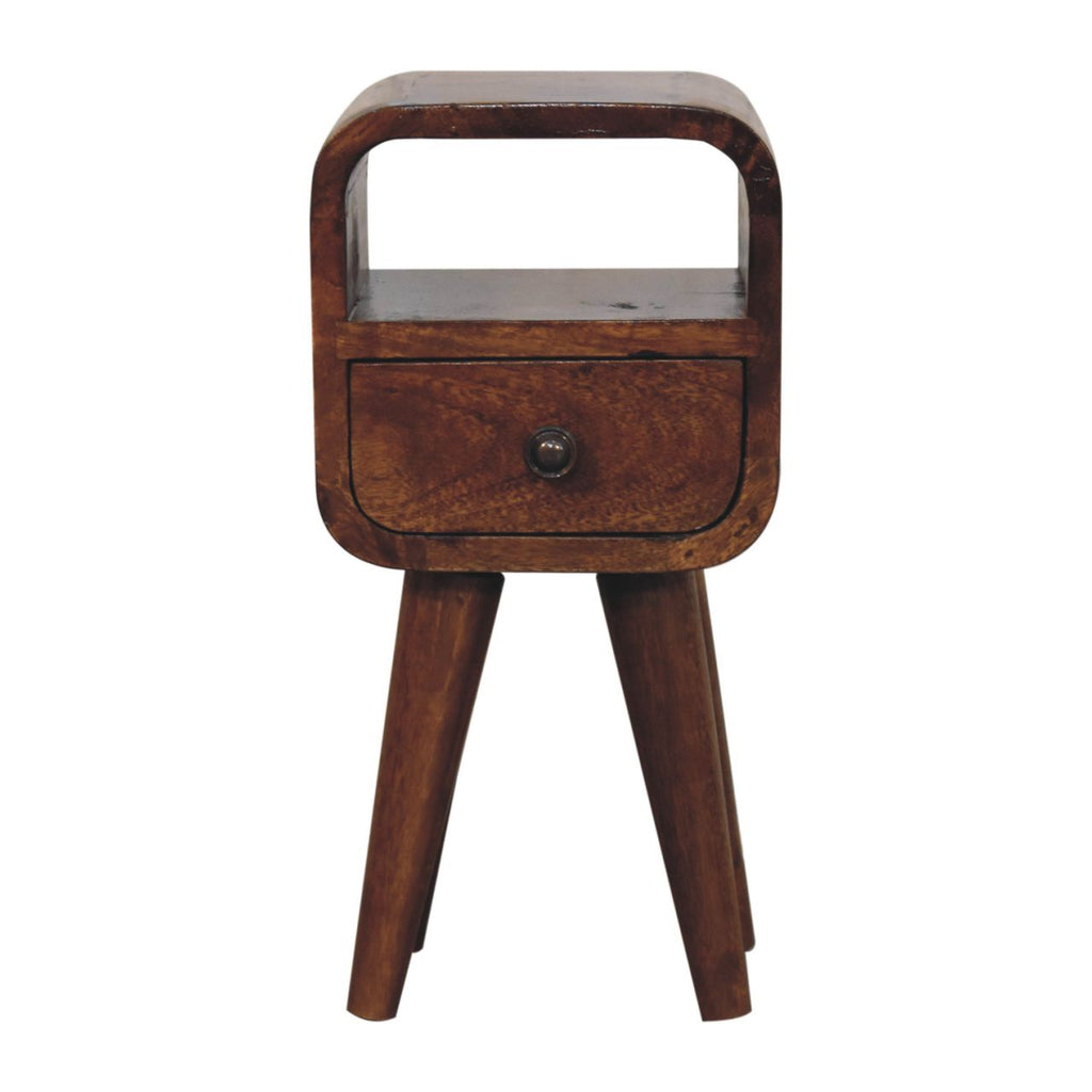 Mini table de chevet courbée châtaigne en bois de manguier massif, 1 tiroir