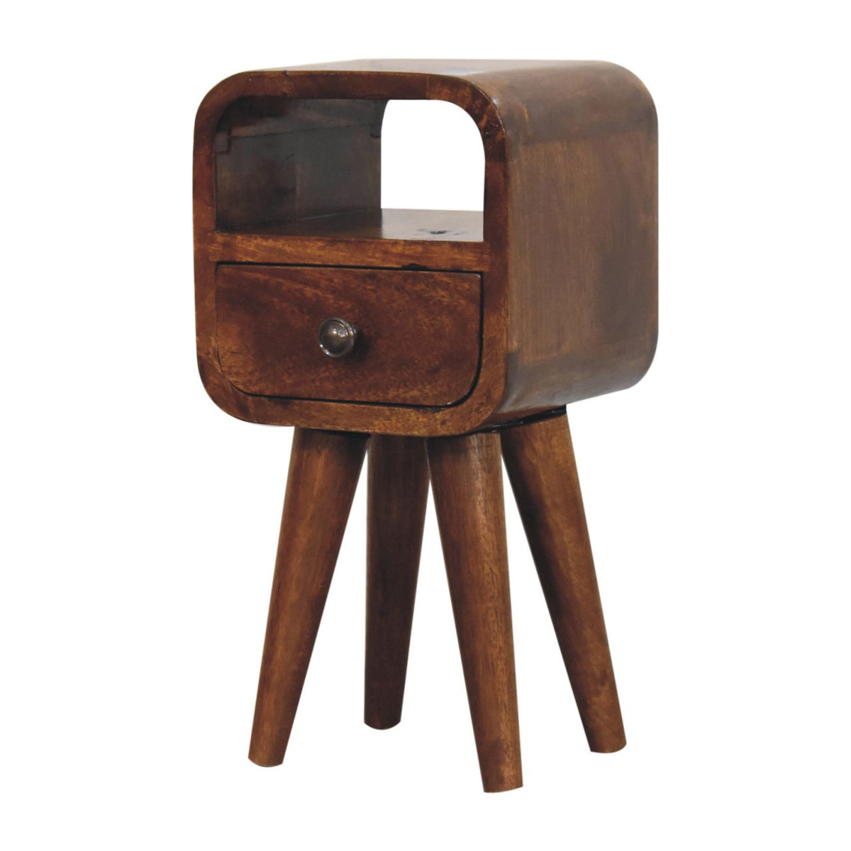 Mini table de chevet courbée châtaigne en bois de manguier massif, 1 tiroir