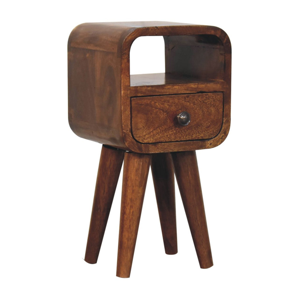 Mini table de chevet courbée châtaigne en bois de manguier massif, 1 tiroir