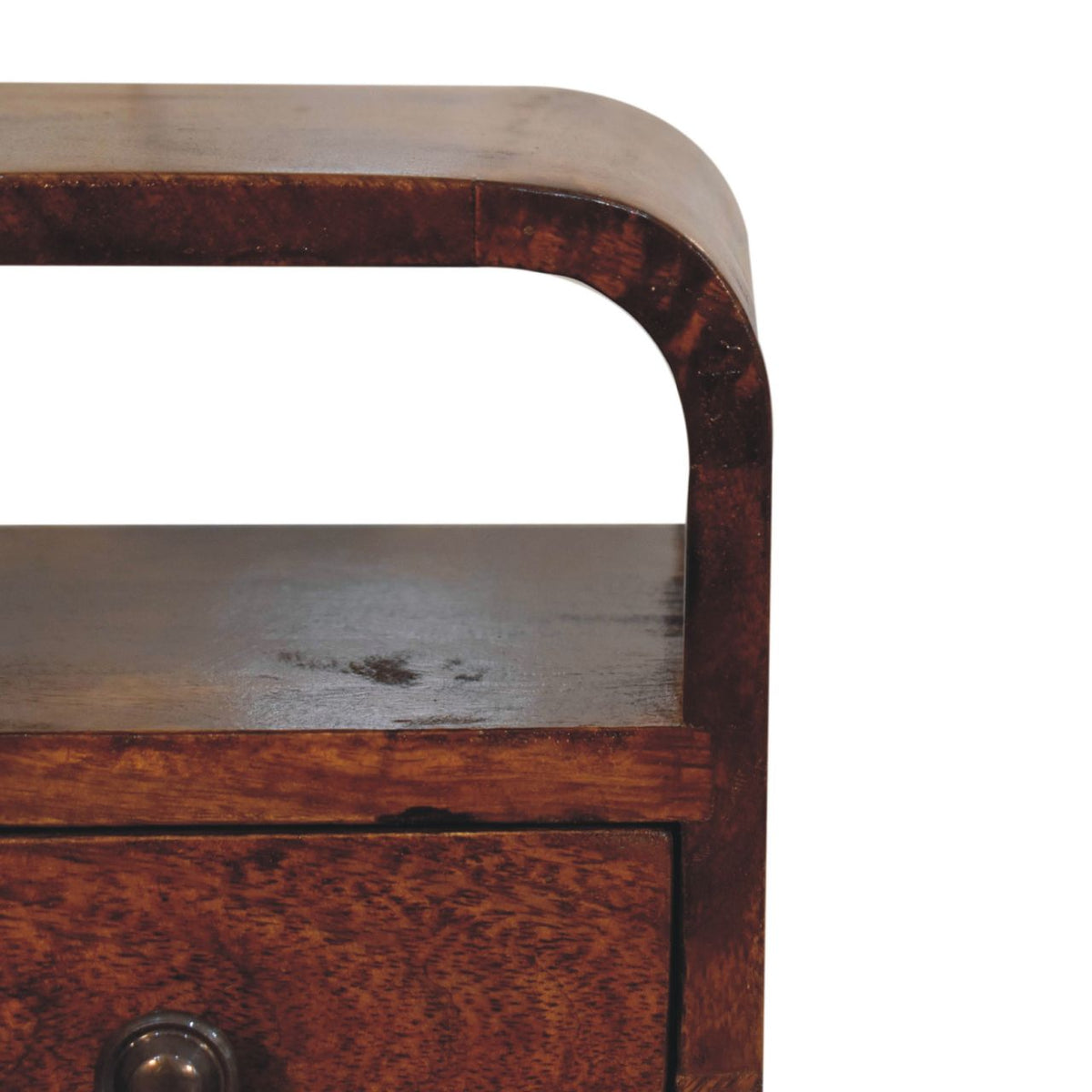 Mini table de chevet courbée châtaigne en bois de manguier massif, 1 tiroir