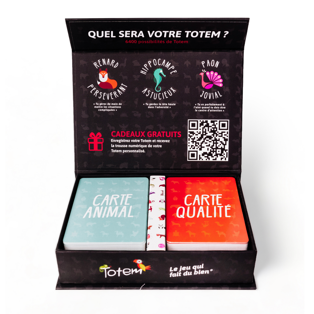 Jeu de cartes Totem en français, boîte ouverte avec cartes
