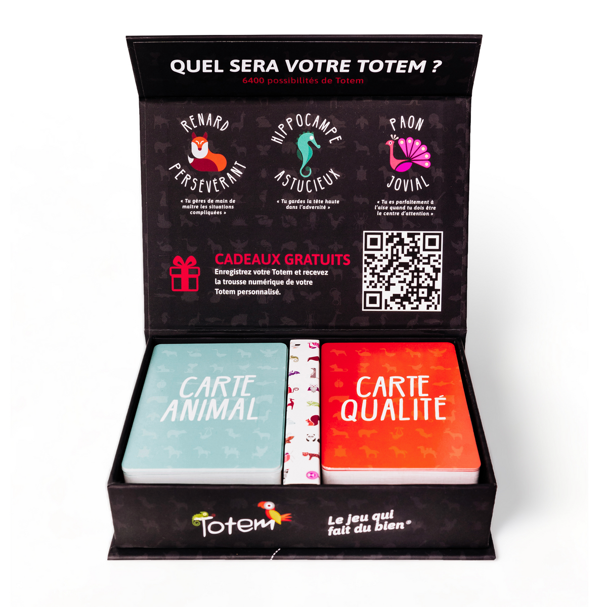 Jeu de cartes Totem en français, boîte ouverte avec cartes