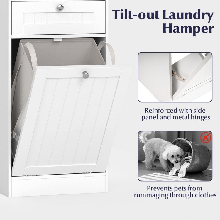 Meuble salle de bain avec panier à linge basculant et tiroir