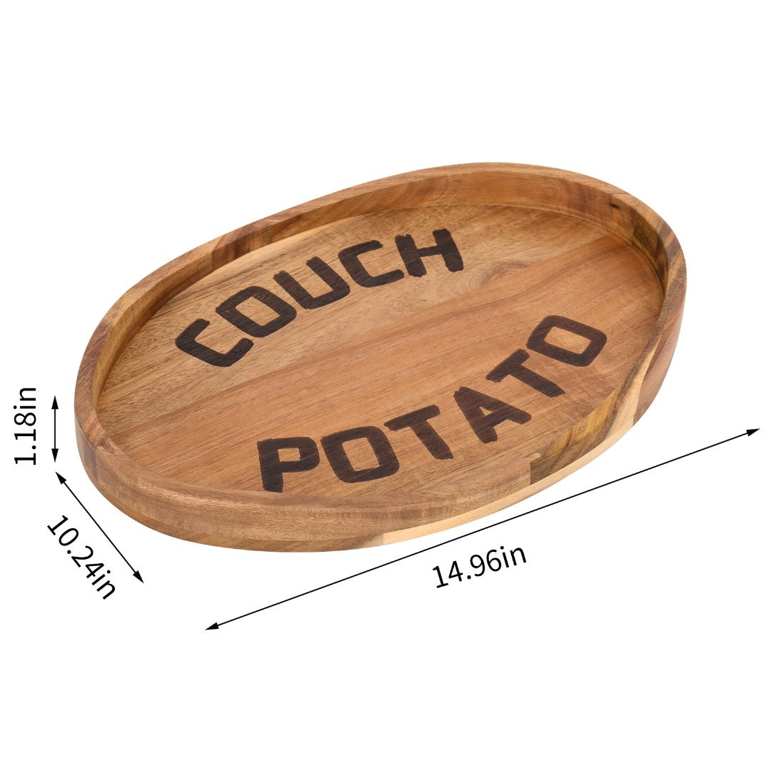 Plateau rond en bois d'acacia avec inscription, vue de dessus avec dimensions