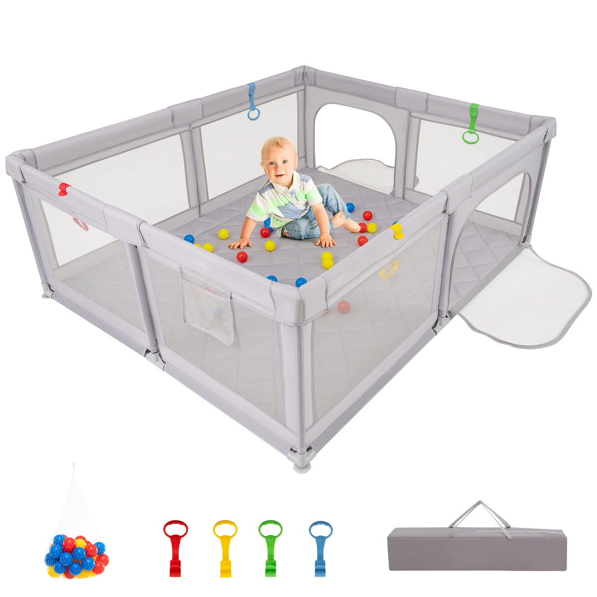 Grand parc pour bébé avec anneaux de traction, balles océan et tapis