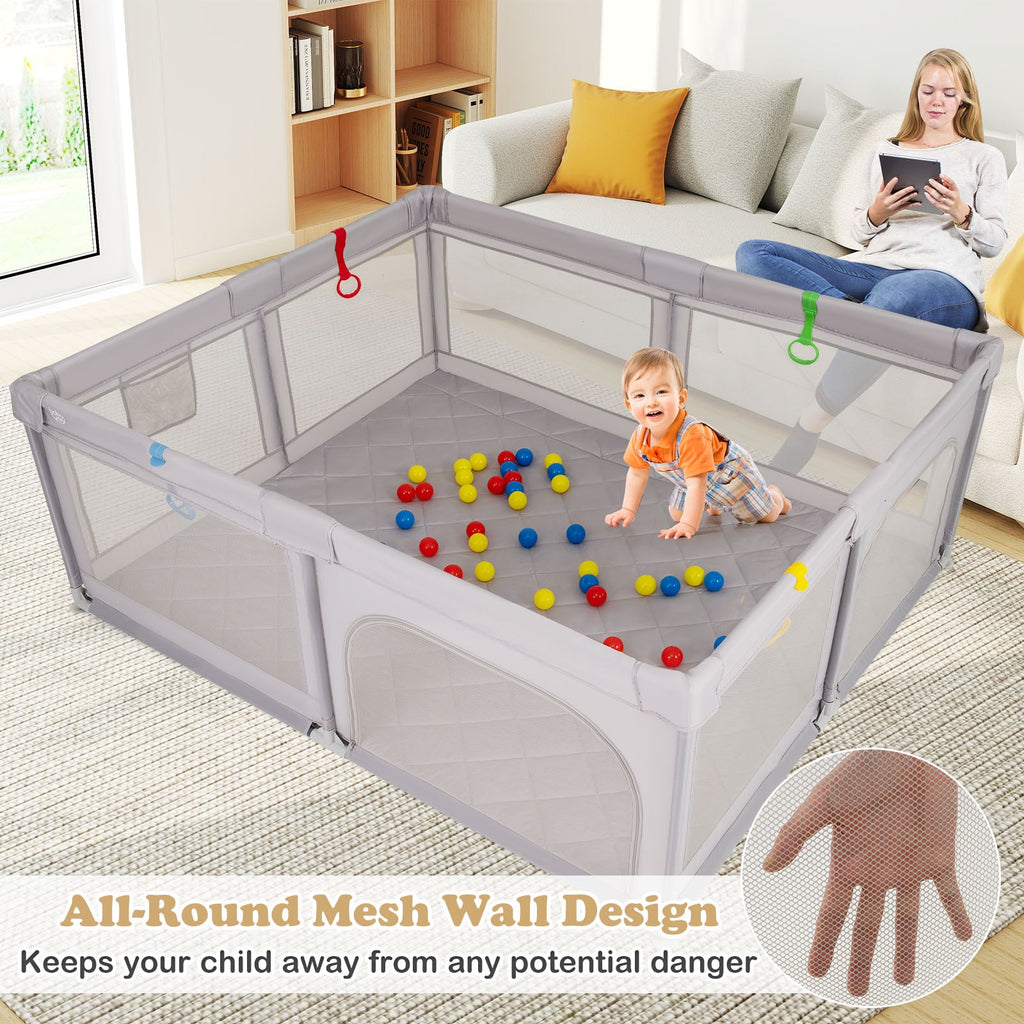 Grand parc pour bébé avec anneaux de traction, balles océan et tapis