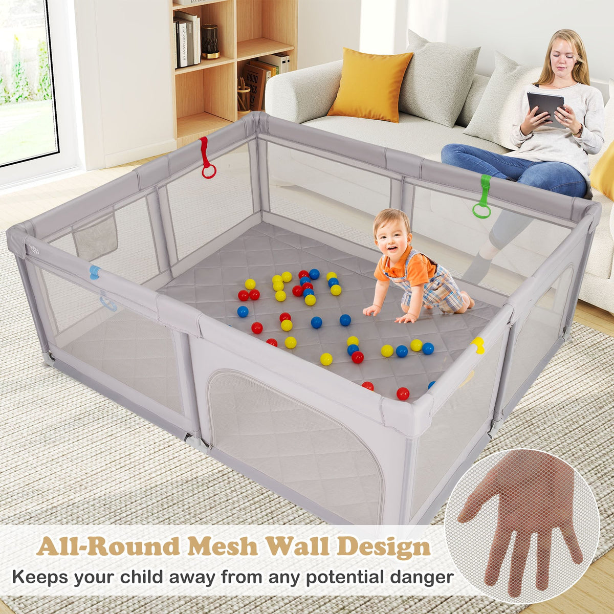 Grand parc pour bébé avec anneaux de traction, balles océan et tapis