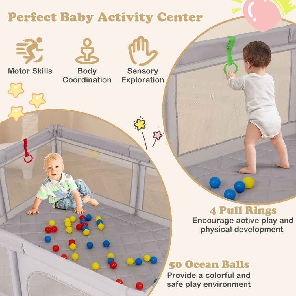 Grand parc pour bébé avec anneaux de traction, balles océan et tapis
