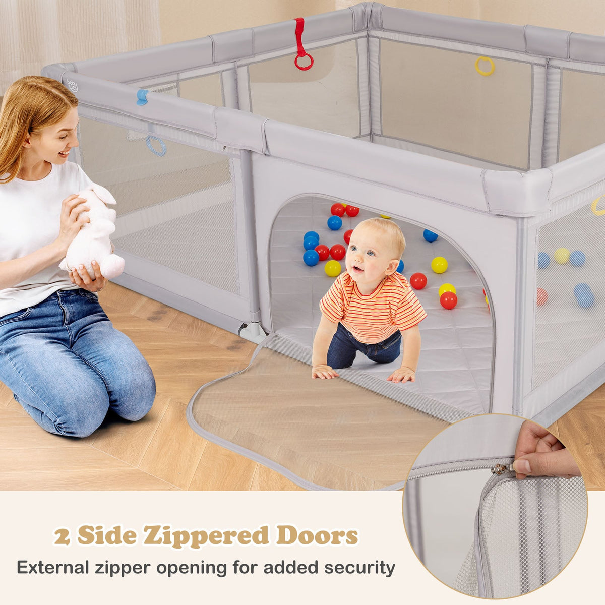 Grand parc pour bébé avec anneaux de traction, balles océan et tapis