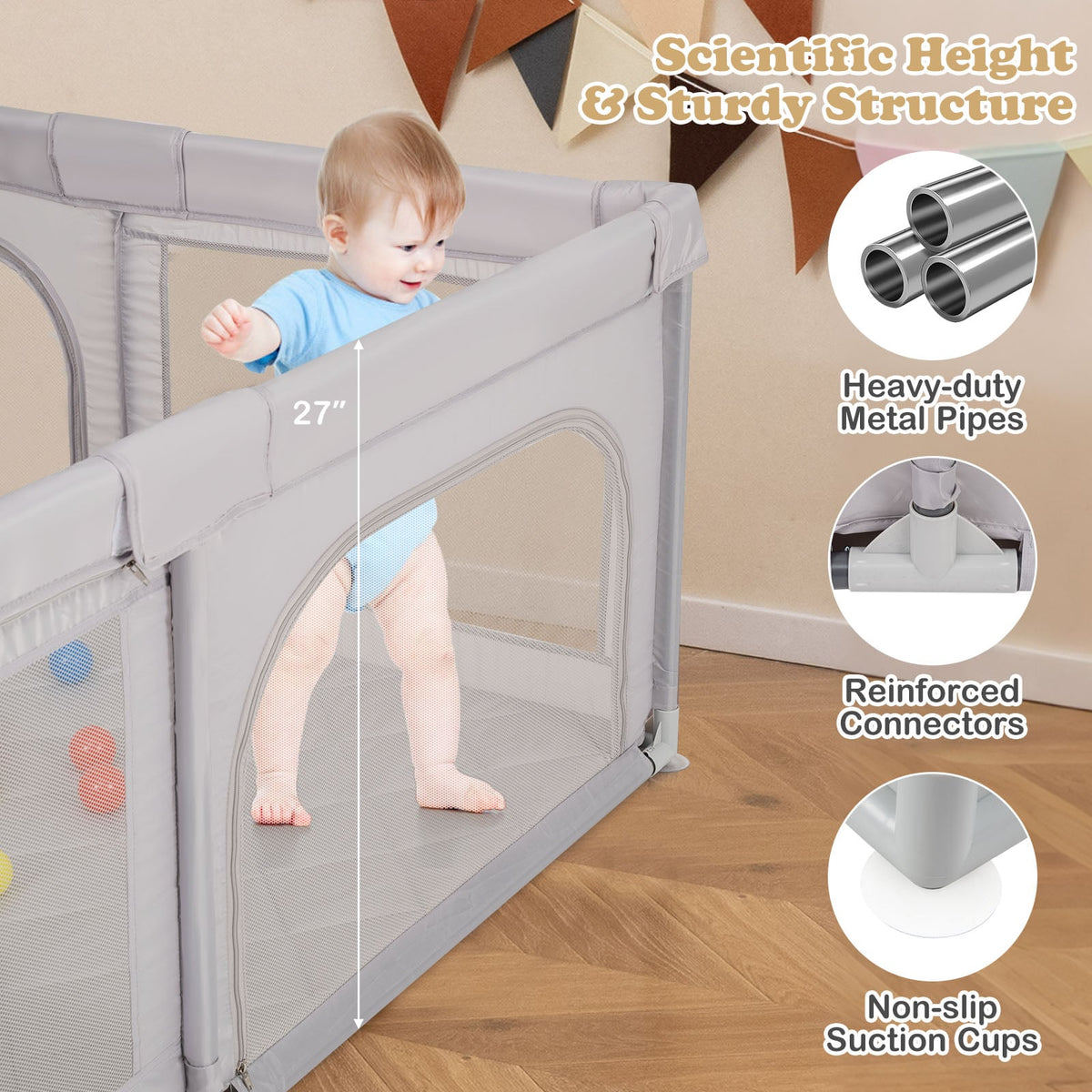 Grand parc pour bébé avec anneaux de traction, balles océan et tapis