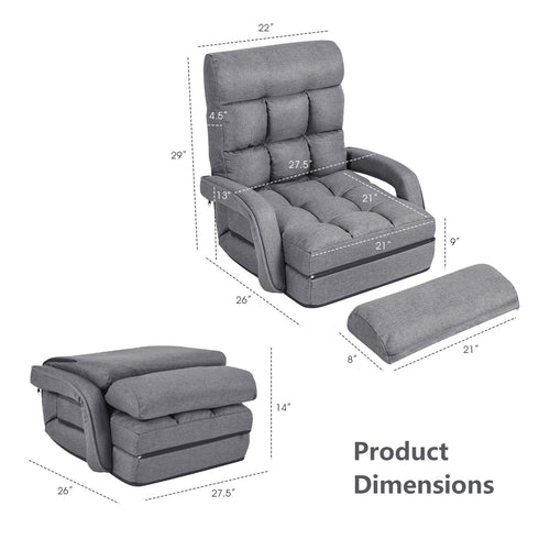 Canapé de sol pliable gris avec schéma des dimensions du produit