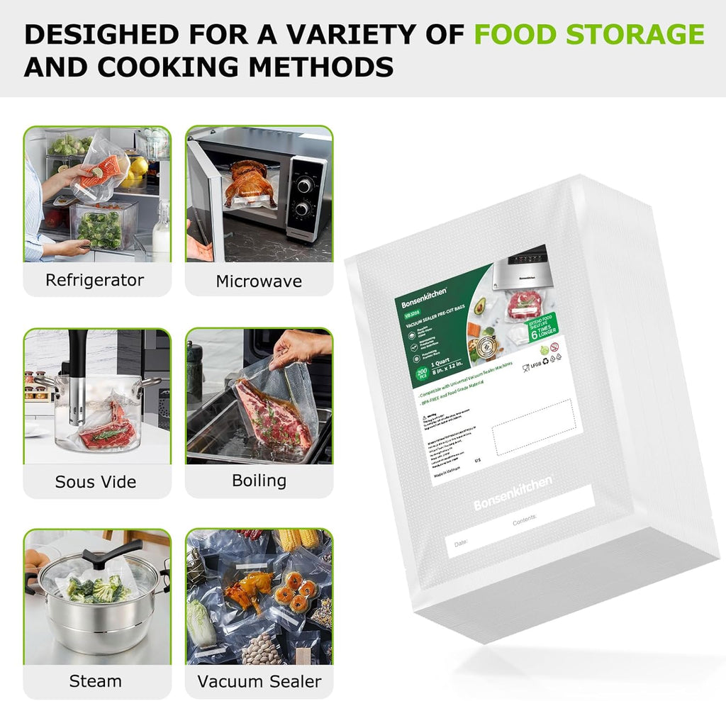Sacs sous vide alimentaire 8x12 po, 200 pièces, sans BPA
