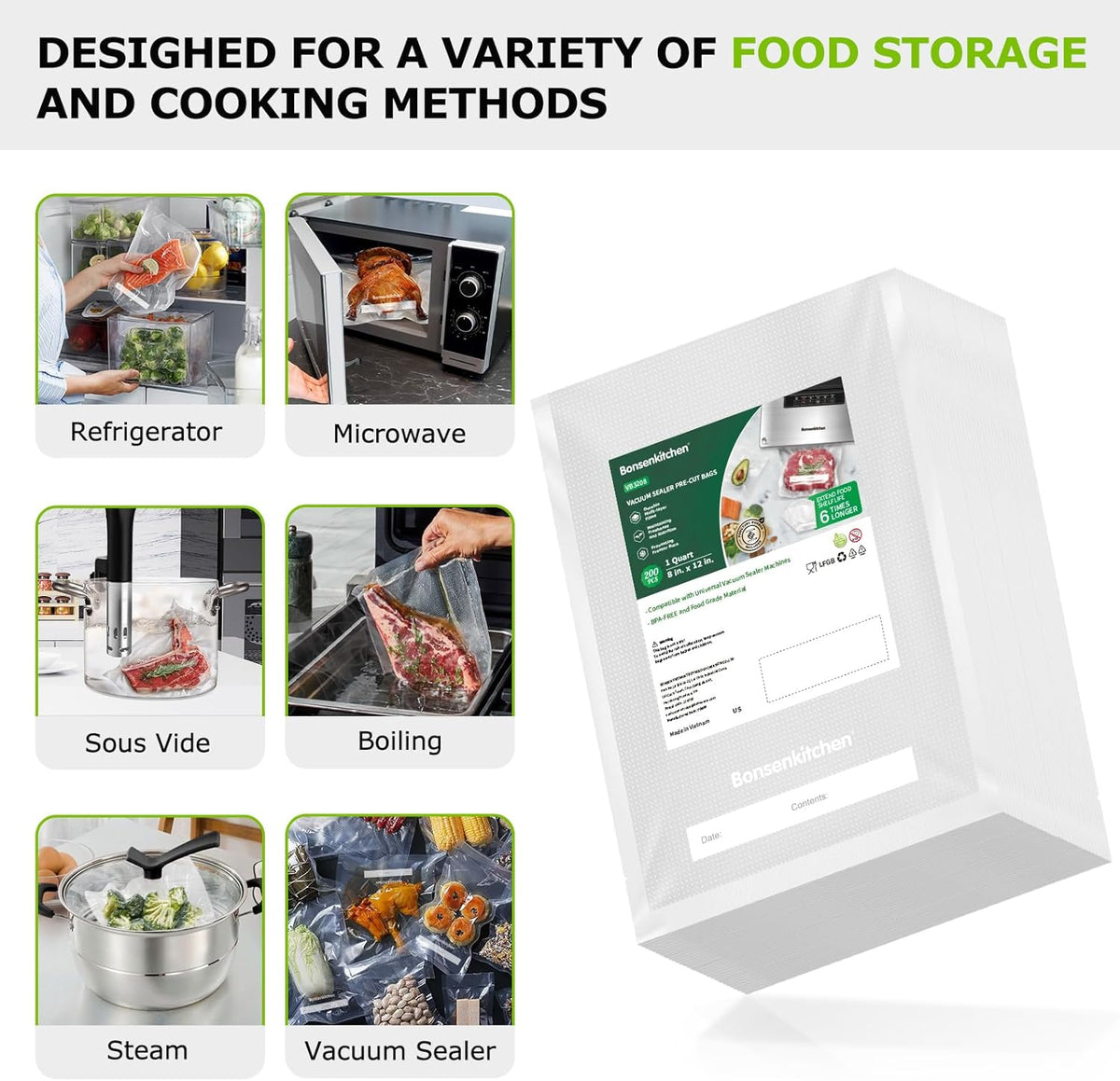 Sacs sous vide alimentaire 8x12 po, 200 pièces, sans BPA