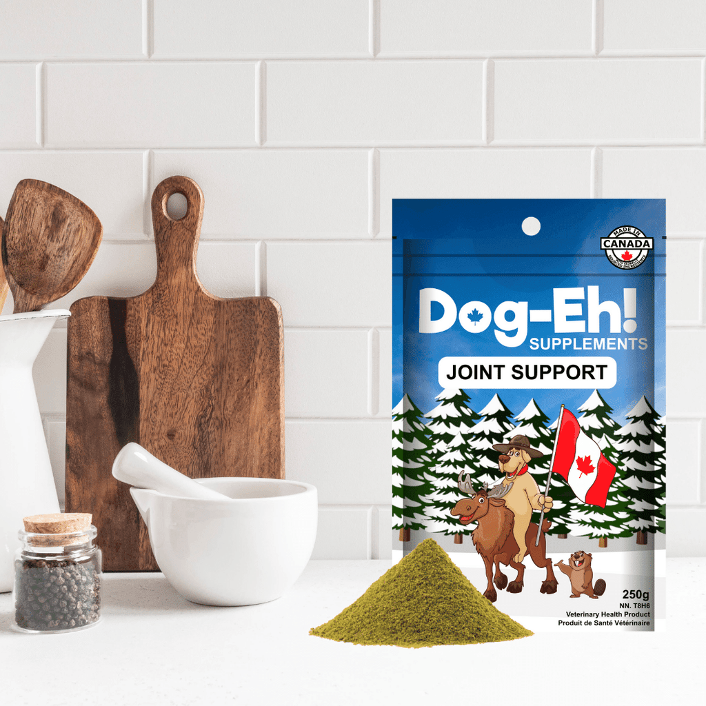 Sachet Dog-Eh! soutien des articulations sur un comptoir de cuisine avec poudre