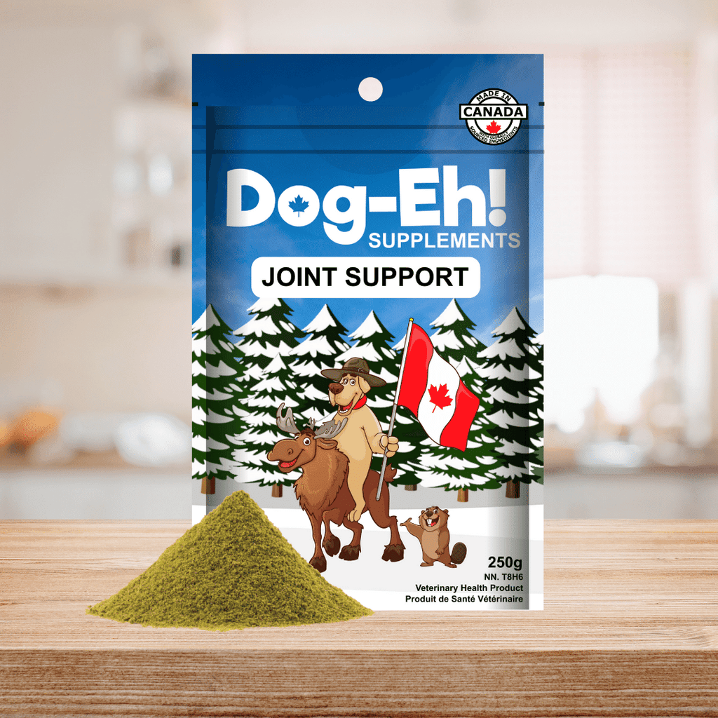 Sachet Dog-Eh! soutien des articulations sur une table en bois avec poudre
