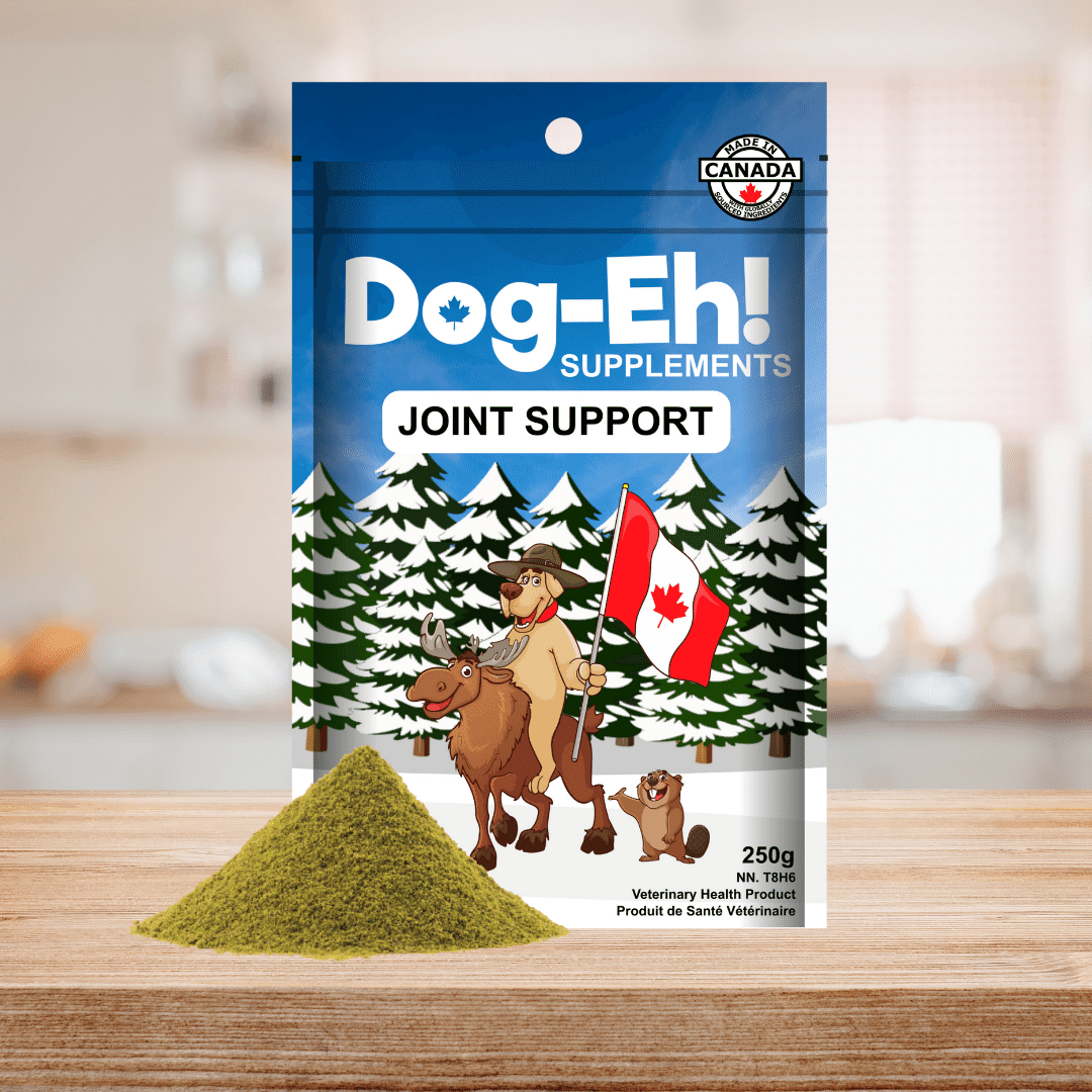 Sachet Dog-Eh! soutien des articulations sur une table en bois avec poudre
