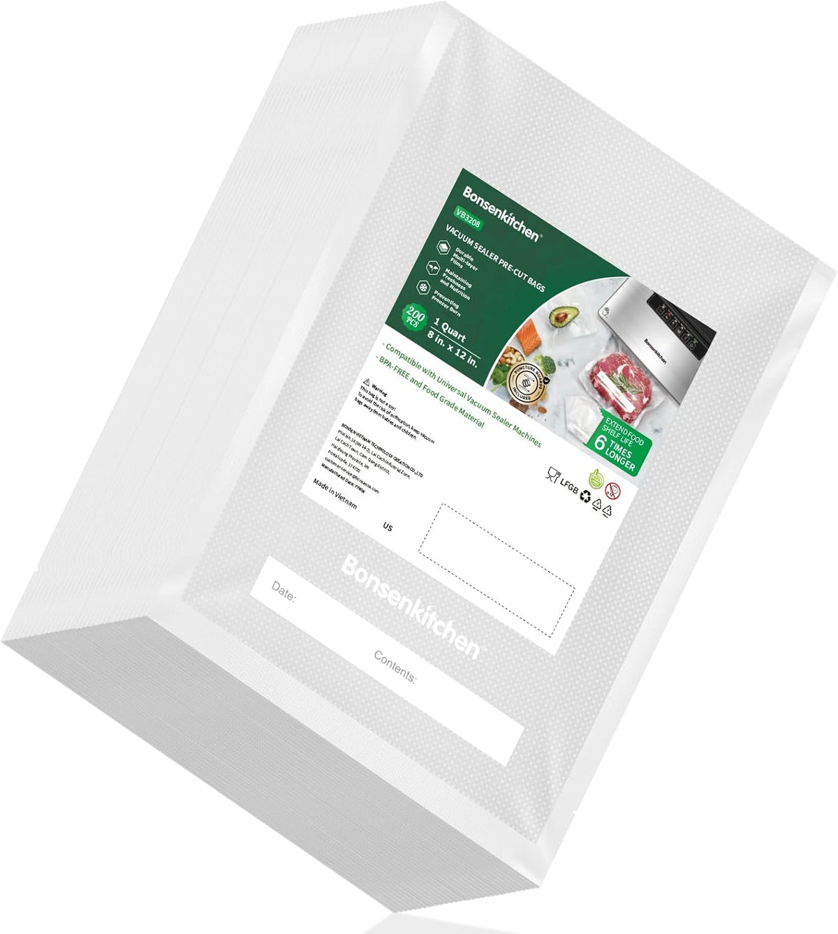 Sacs sous vide alimentaire 8x12 po, 200 pièces, sans BPA