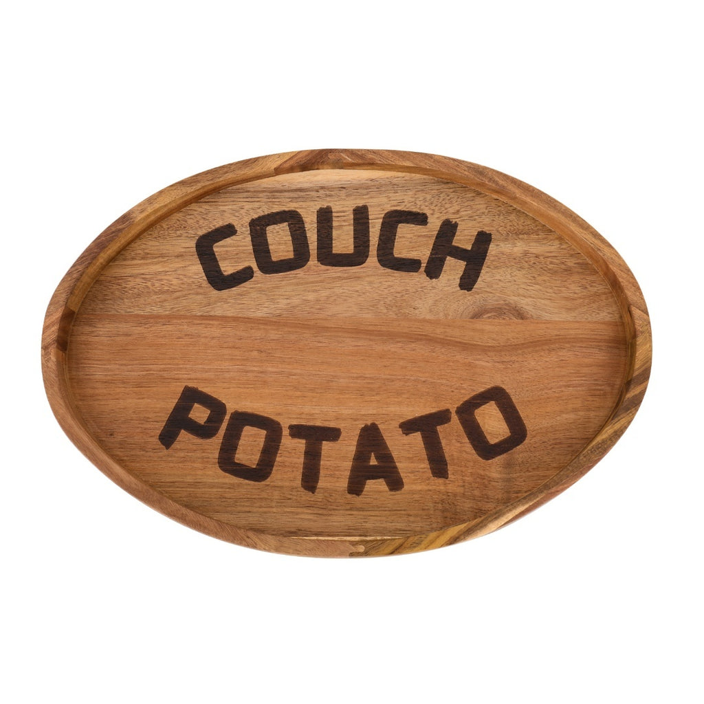 Plateau rond en bois d'acacia avec inscription Couch Potato, vue de dessus